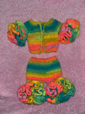 Crochet Ruffle Cardigan and Pants (Rainbow)