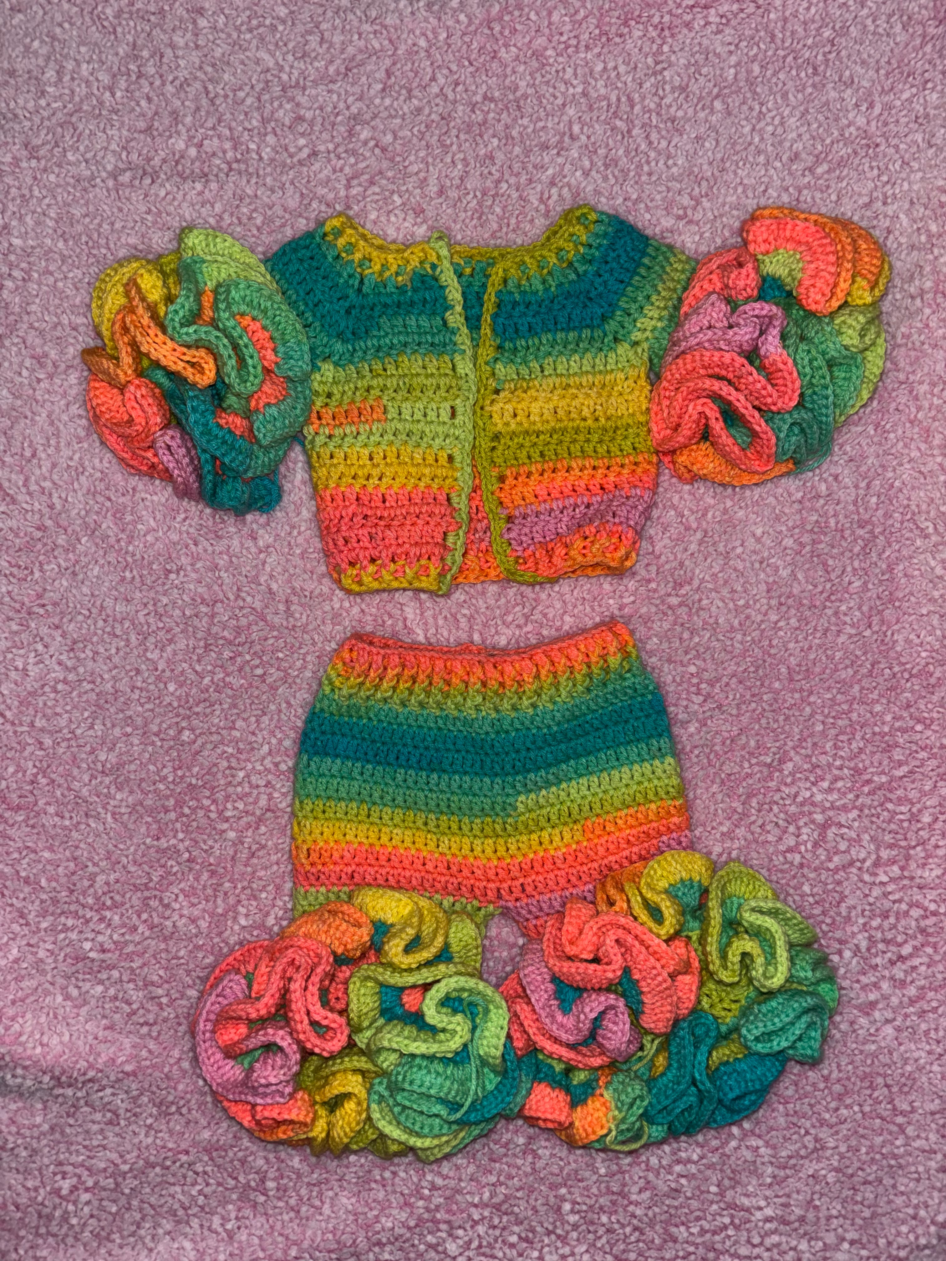 Crochet Ruffle Cardigan and Pants (Rainbow)